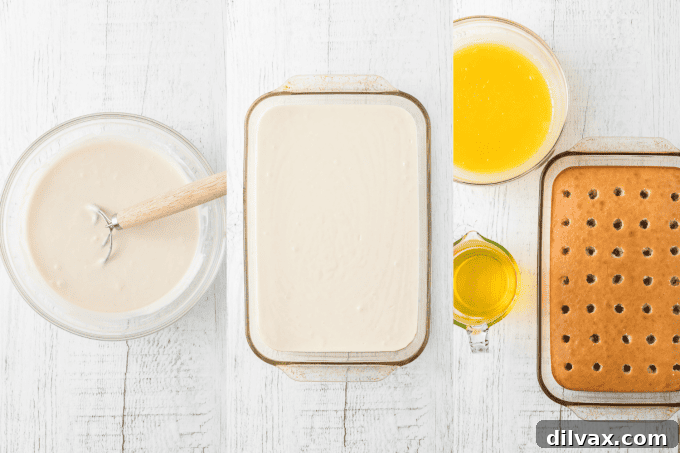 Step-by-step photos showing the initial stages of making Lemon Poke Cake: mixing batter, baking, and poking holes.