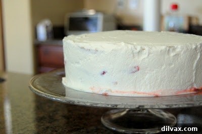 Garnishing the top of the French Strawberry Cake with fresh whole strawberries.