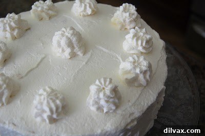 A close-up of the delicate whipped cream and fresh strawberries on the cake.
