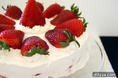 A beautifully decorated French Strawberry Cake, ready to be served.