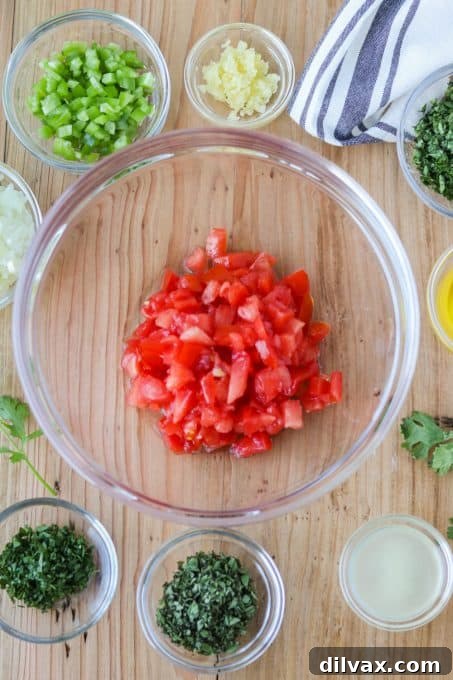 Fresh Salsa 4 Fresh ingredients for salsa fresca, including tomatoes, onion, garlic, and herbs.