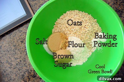 Juicy Cherry & Hearty Oat Muffins 4 Ingredients for cherry oatmeal muffins laid out: flour, oats, brown sugar, baking powder, salt.