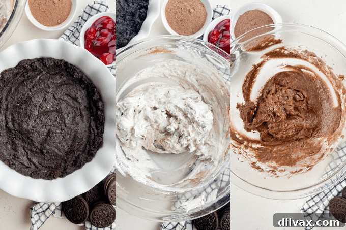 Visual steps for preparing the No Bake Cherry Chocolate Cheesecake