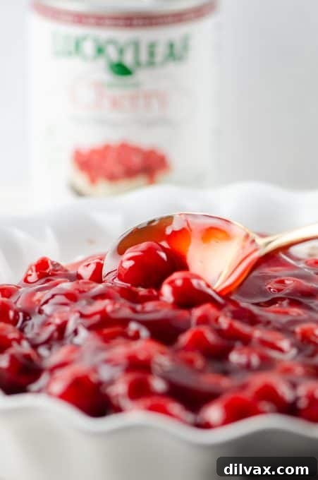 Applying a generous layer of cherry topping onto the chocolate cheesecake.