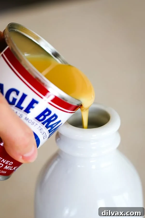 Whip Up French Vanilla Coffee Creamer 11 Pouring sweetened condensed milk into the Homemade French Vanilla Coffee Creamer mixture.