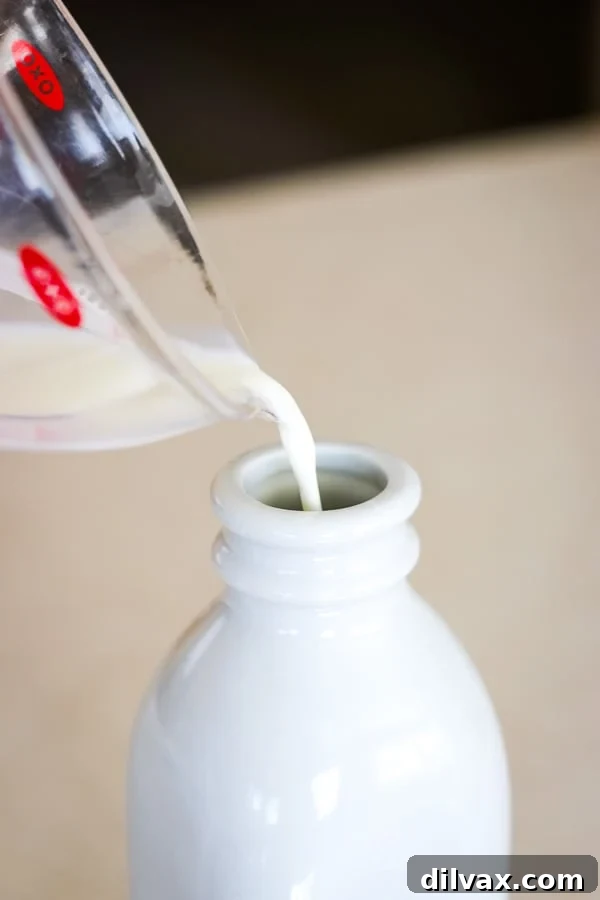 Whip Up French Vanilla Coffee Creamer 9 Pouring whole milk into the container for Homemade French Vanilla Coffee Creamer.
