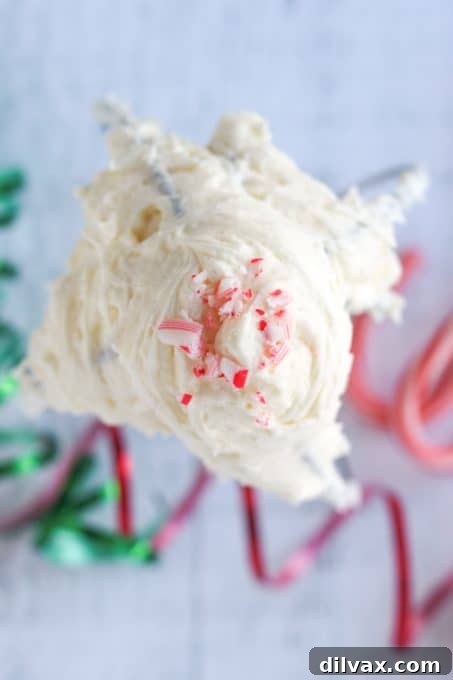 Whipped Peppermint Bliss 7 Delicious Peppermint Buttercream Frosting swirled and topped with crushed candy canes.