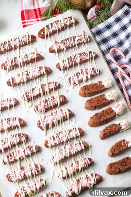 Decadent Peppermint Chocolate Biscotti 4 Chocolate biscotti dipped and drizzled in white chocolate.
