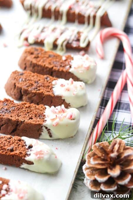 Decadent Peppermint Chocolate Biscotti 5 Chocolate biscotti dipped in white chocolate and sprinkled with crushed candy canes.