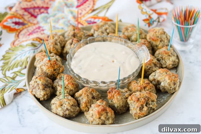 Golden-brown sausage, cheese, and Bisquick balls arranged on a serving plate.