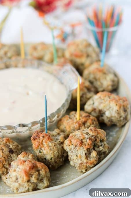 Close-up of baked Bisquick Sausage Balls, showcasing their golden exterior and inviting texture.