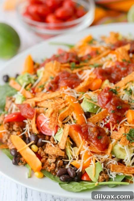 Close-up shot of the chicken taco salad, highlighting the seasoned chicken, spinach, and avocado.