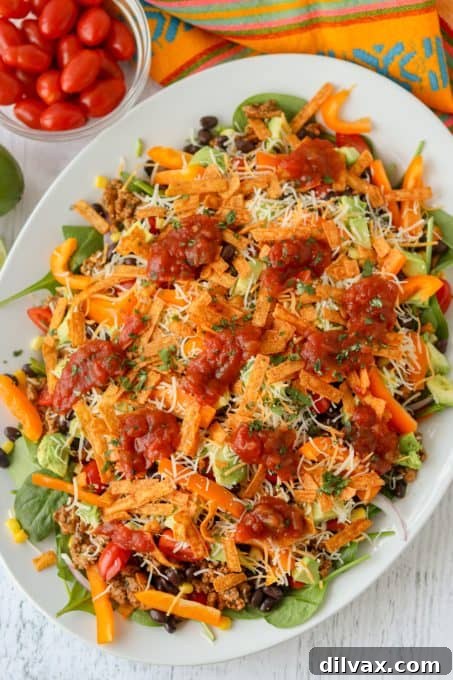 A top-down view of a loaded chicken taco salad with all the fixings, ready to be enjoyed.