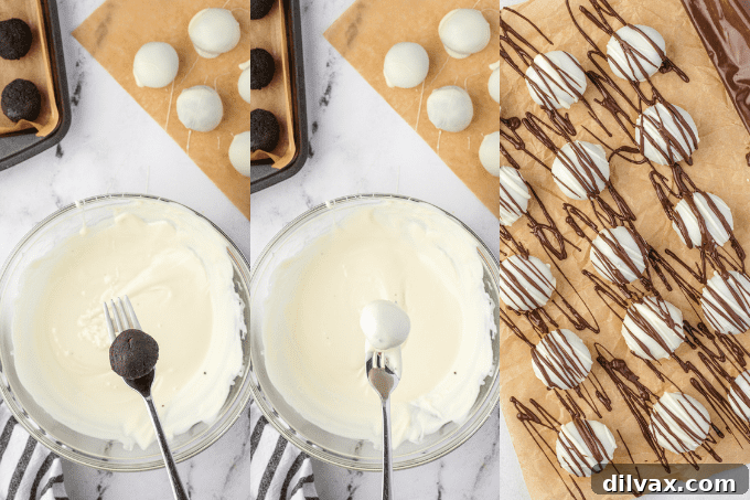 Oreo Truffles 7 Process Shots showing how to cover Oreo Balls with melted chocolate.