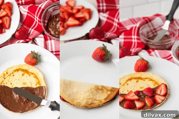 Decadent Strawberry Nutella Crepes 5 Process shots for filling crepes with Nutella and strawberries.