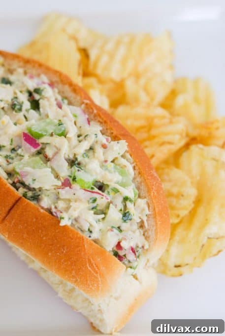 Easy Chicken Salad sandwich with chips. A close-up of a chicken salad sandwich, with a side of potato chips, on a white plate.