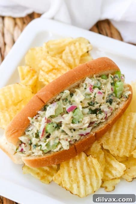 Easy Chicken Salad sandwich on a plate with chips. A wider shot of the chicken salad sandwich and chips on a plate, ready to be eaten.