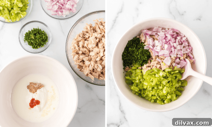 Chicken Salad without Mayo Process Photos - A collage showcasing the step-by-step preparation of the chicken salad, from mixing the dressing to combining all ingredients.