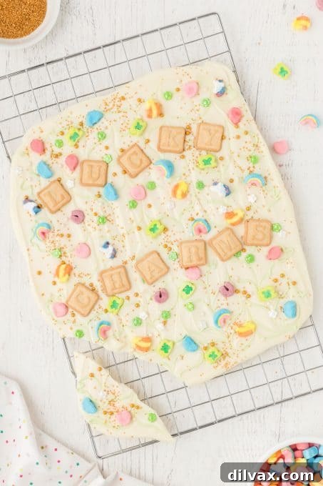 White Chocolate Candy Bark with Lucky Charms cereal.