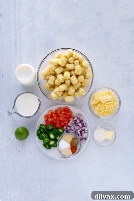 Loaded Tot Nachos 4 Ingredients for homemade queso and tater tot nachos.