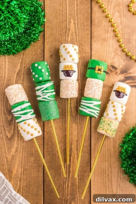 Lucky Shamrock Sweets 13 St. Patrick's Day Marshmallow Pops arranged on a festive green background