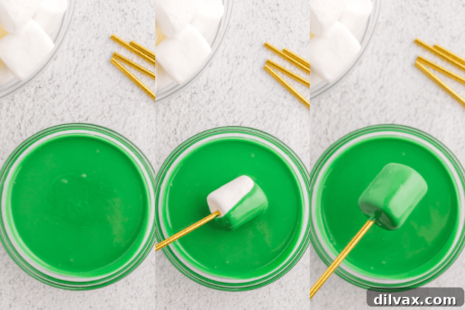 Lucky Shamrock Sweets 5 Step-by-step process of dipping marshmallows in green candy melts