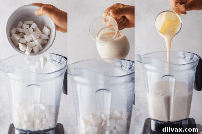 Tropical Coconut Bliss 6 A step-by-step visual guide showing how to prepare a fresh coconut and blend the ingredients for the Coconut Cooler.