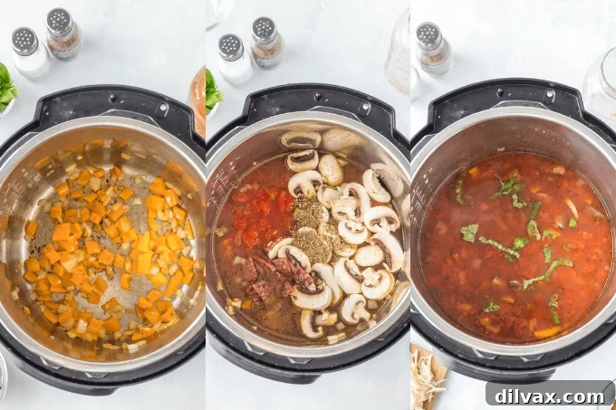 Progress shots showing the steps of making Instant Pot Pizza Soup, from sautéing vegetables to adding ingredients.