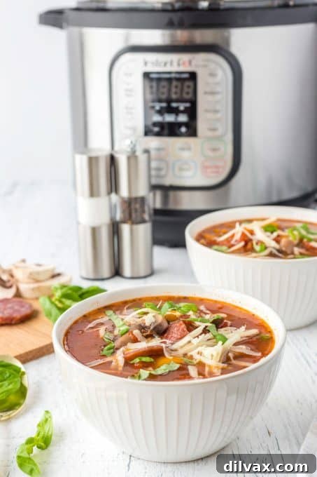 A bowl of hot Pizza Soup, steaming, with melted cheese and fresh basil, ready to be enjoyed.