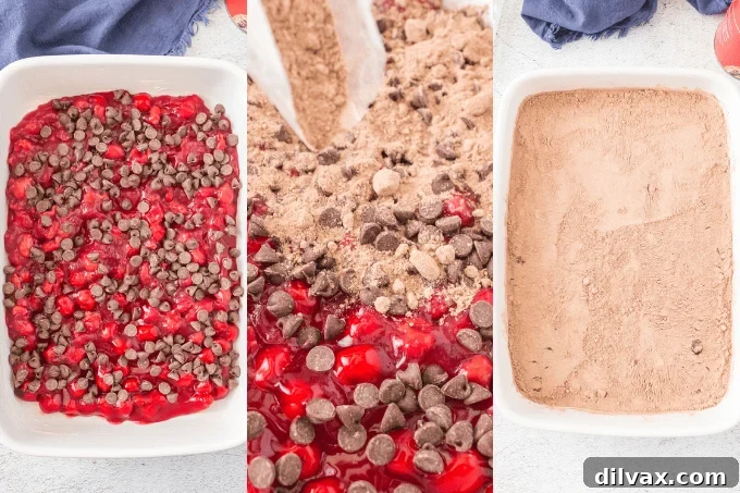 Effortless Chocolate Cherry Delight 5 A visual guide showing the simple process steps for assembling a cherry chocolate dump cake in a baking dish.