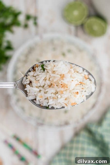 Fragrant Coconut Rice 6 A serving spoon lifting fluffy coconut rice from a bowl, showing its perfect texture.
