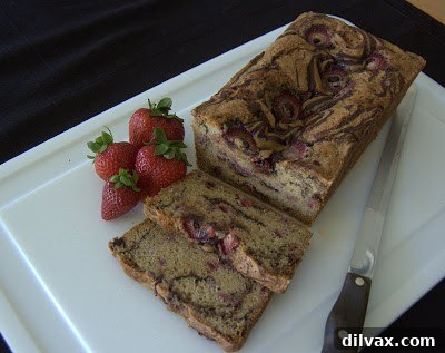 Slice of Chocolate Strawberry Bread showing chocolate swirls