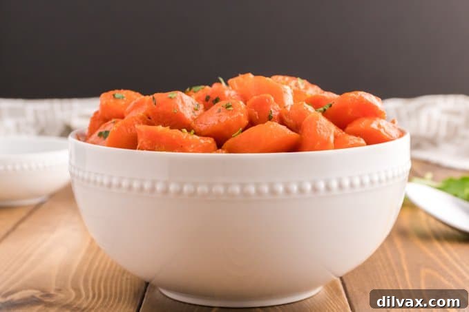 Silky Brown Sugar Carrots 2 A bowl of brown sugar carrots.