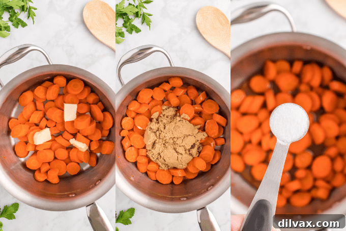 Silky Brown Sugar Carrots 5 Process shots of Brown Sugar Glazed Carrots.