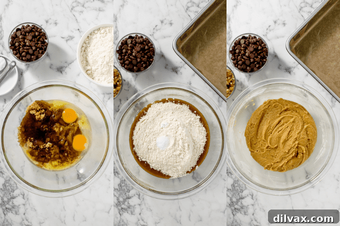 Process shots showing melted butter, brown sugar, and eggs being mixed, followed by dry ingredients and chocolate chips added to the batter for Chocolate Chip Blondies.