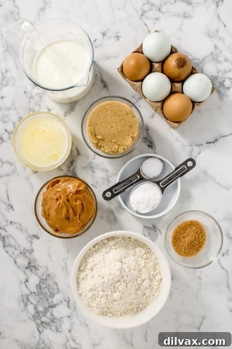 Golden Peanut Butter Quick Bread 4 All the necessary ingredients laid out for baking homemade Peanut Butter Quick Bread.