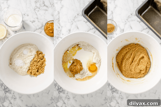Golden Peanut Butter Quick Bread 5 Step-by-step process photos for baking homemade Peanut Butter Bread.