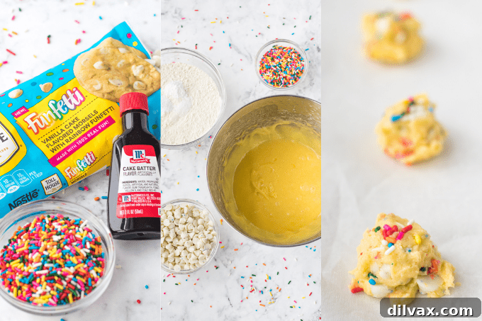 Step-by-step process images for making Cake Batter Cookies with Sprinkles.