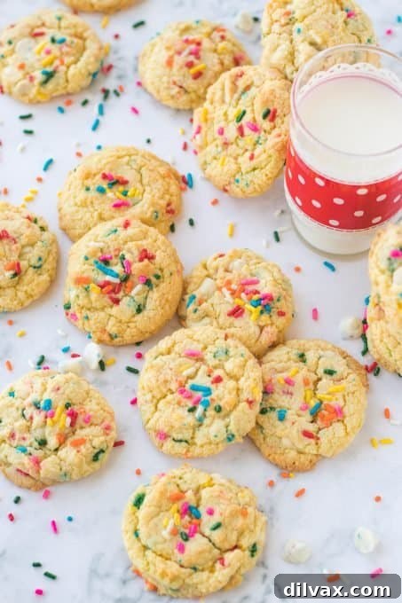 A plate of freshly baked Cake Batter Cookies, glistening with colorful sprinkles.