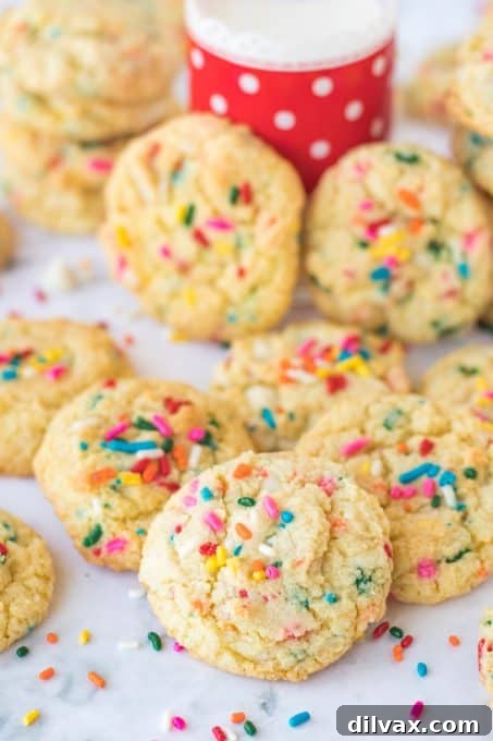 An inviting close-up of Funfetti cookies, bursting with colorful sprinkles, promising a taste of birthday joy.