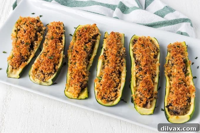 Hearty Mushroom Onion Zucchini Bake 2 Mushroom and Onion Stuffed Zucchini, freshly baked and ready to serve.