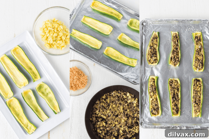 Hearty Mushroom Onion Zucchini Bake 5 Process photos of making Mushroom and Onion Stuffed Zucchini.