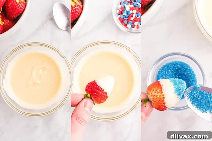 Process shots for dipping strawberries in white chocolate and sprinkles