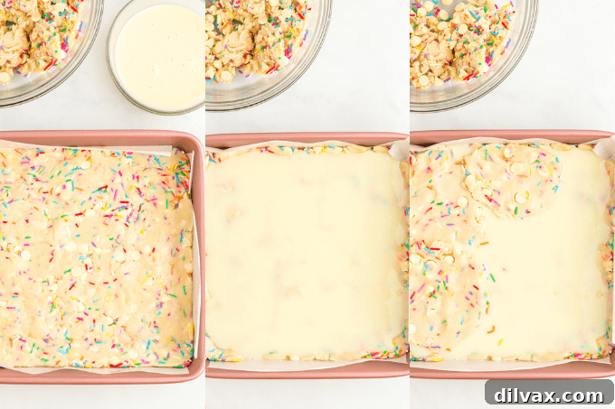 A close-up of a single Funfetti Ooey Gooey Bar, highlighting its moist, golden layers and abundance of colorful sprinkles.