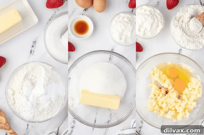 Step-by-step process images showing ingredients being combined to make strawberry muffins.