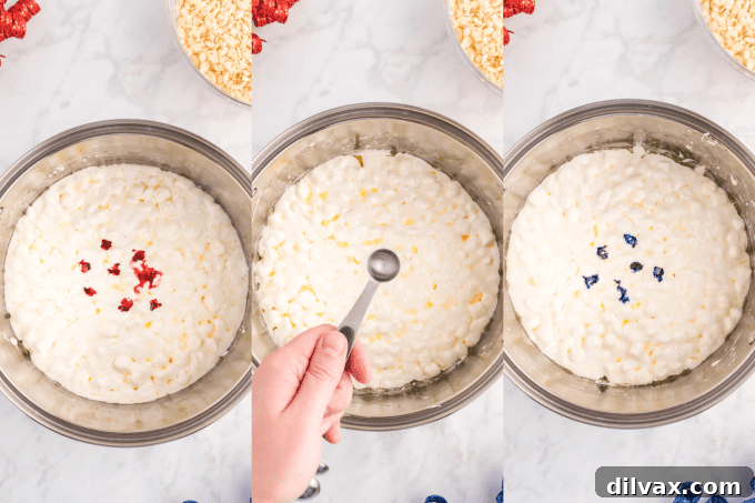 Process for adding food coloring to Rice Krispie mixture, showing the red layer being prepared.