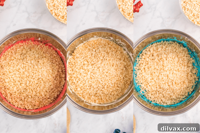 Process for adding Rice Krispies to different color batches for Patriotic Rice Krispie Stars.