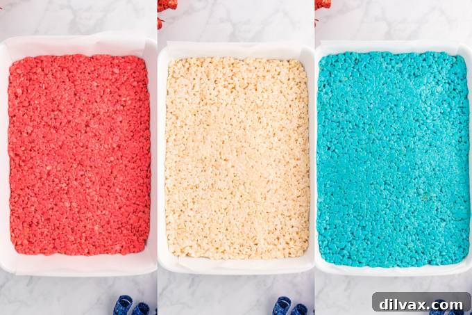 Process of layering red, white, and blue Rice Krispies mixtures in a pan.