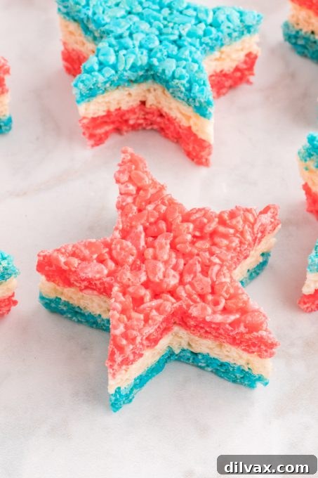 4th of July Rice Krispie Treats arranged beautifully for a patriotic display.