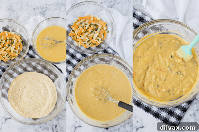 Process shots for Cornbread with cheese and jalapenos, showing mixing and preparation steps.
